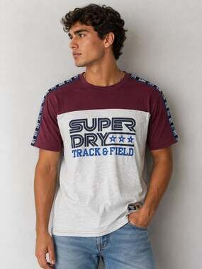Superdry Track & Field Triple Star Taped T-Shirt Size XL Burgundy White